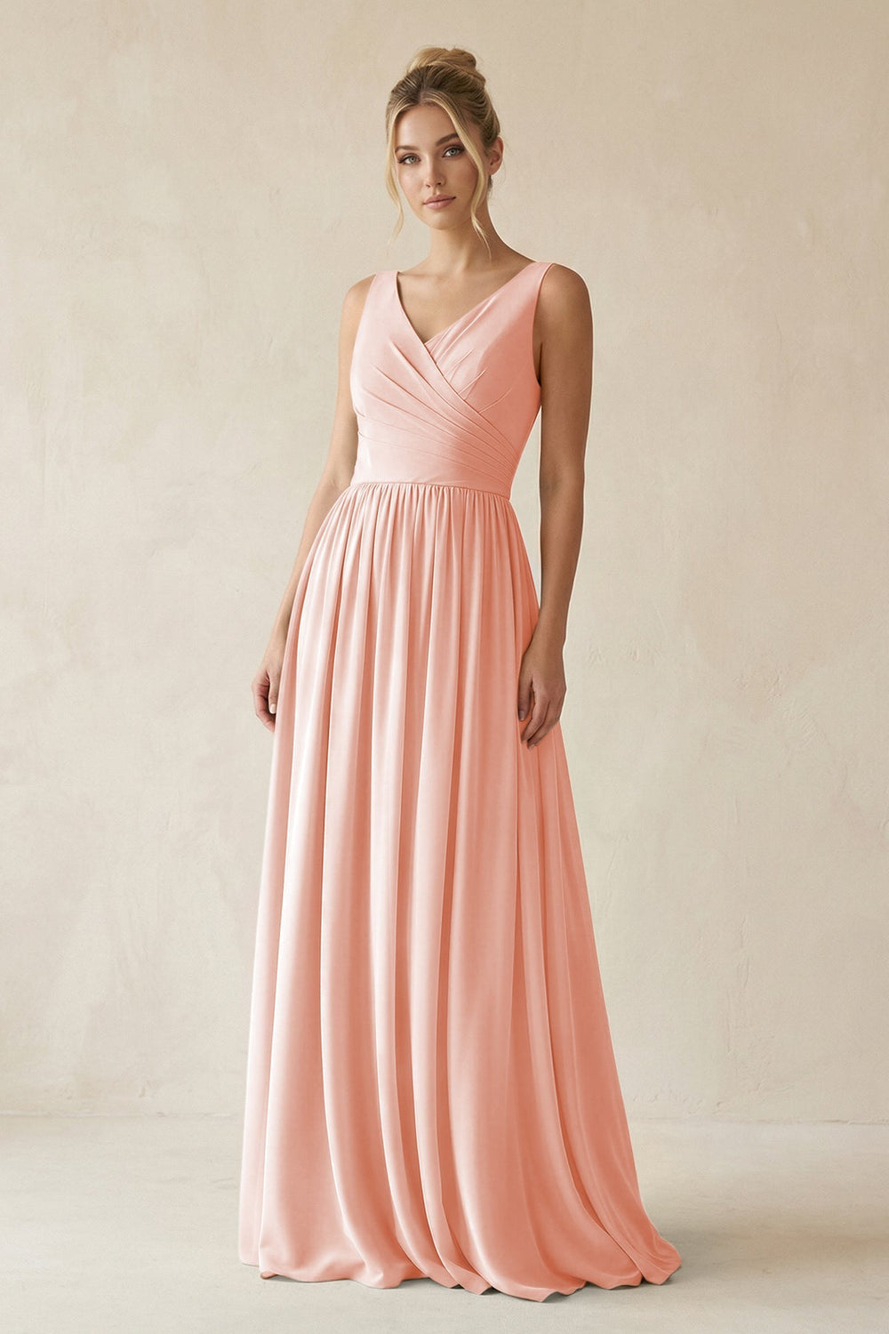 V - Neck Chiffon A - Line Long Bridesmaid Dress in Rose Petal - KissProm Bridesmaid Dresses