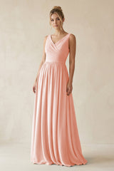 V - Neck Chiffon A - Line Long Bridesmaid Dress in Rose Petal - KissProm Bridesmaid Dresses