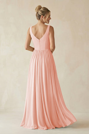 V - Neck Chiffon A - Line Long Bridesmaid Dress in Rose Petal - KissProm Bridesmaid Dresses