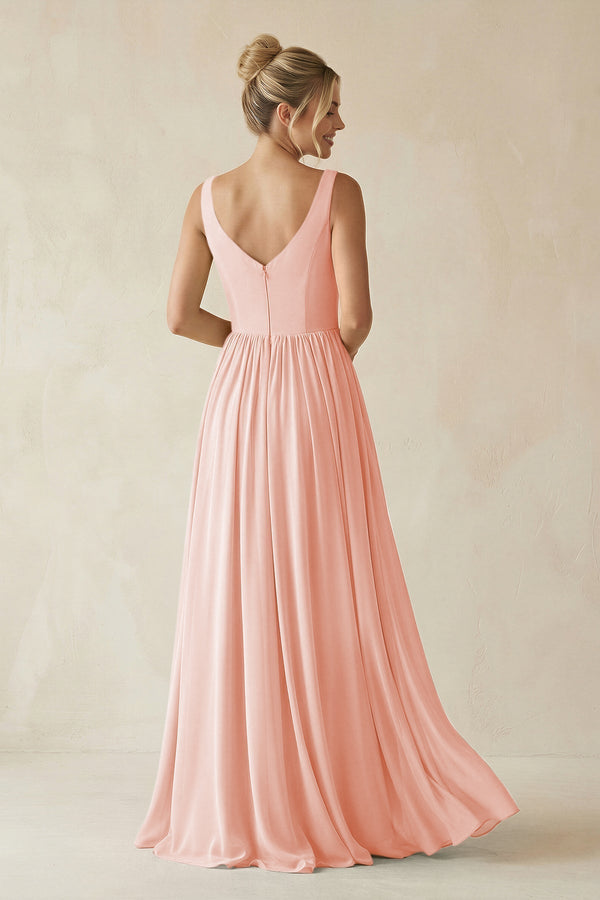 V - Neck Chiffon A - Line Long Bridesmaid Dress in Rose Petal - KissProm Bridesmaid Dresses