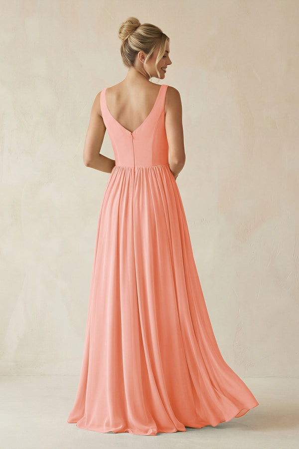 V - Neck Chiffon A - Line Long Bridesmaid Dress in Rosette - KissProm Bridesmaid Dresses