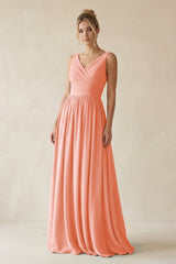 V - Neck Chiffon A - Line Long Bridesmaid Dress in Rosette - KissProm Bridesmaid Dresses