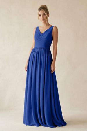 V - Neck Chiffon A - Line Long Bridesmaid Dress in Royal Blue - KissProm Bridesmaid Dresses