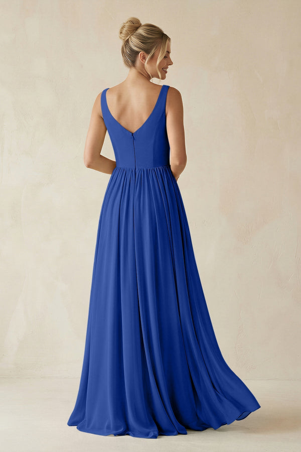 V - Neck Chiffon A - Line Long Bridesmaid Dress in Royal Blue - KissProm Bridesmaid Dresses