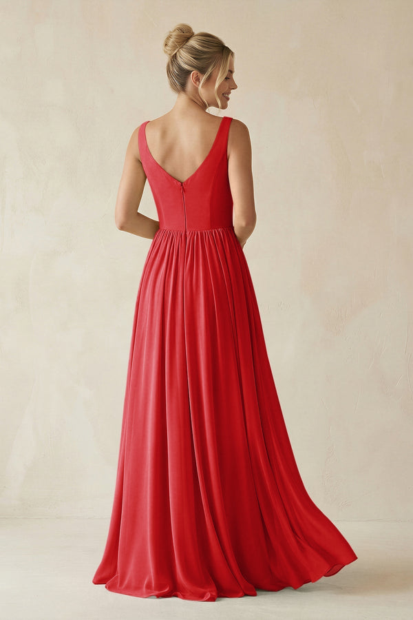 V - Neck Chiffon A - Line Long Bridesmaid Dress in Ruby Red - KissProm Bridesmaid Dresses