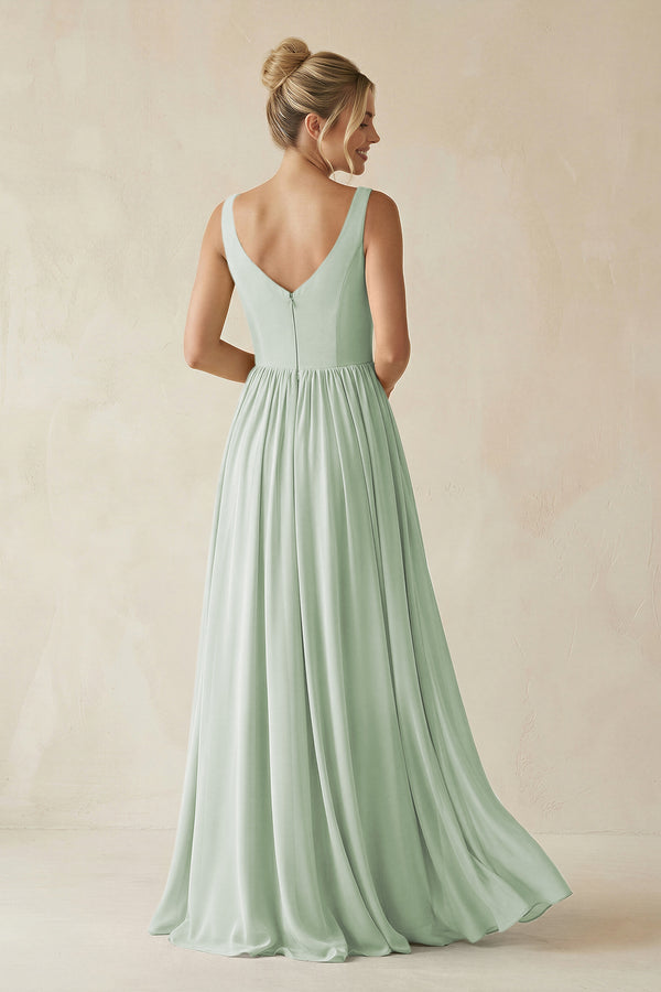 V - Neck Chiffon A - Line Long Bridesmaid Dress in Sage - KissProm Bridesmaid Dresses