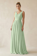 V - Neck Chiffon A - Line Long Bridesmaid Dress in Sage - KissProm Bridesmaid Dresses