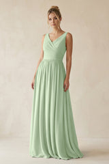 V - Neck Chiffon A - Line Long Bridesmaid Dress in Sage - KissProm Bridesmaid Dresses
