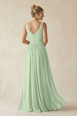 V - Neck Chiffon A - Line Long Bridesmaid Dress in Sage - KissProm Bridesmaid Dresses