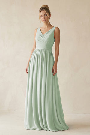 V - Neck Chiffon A - Line Long Bridesmaid Dress in Sage - KissProm Bridesmaid Dresses