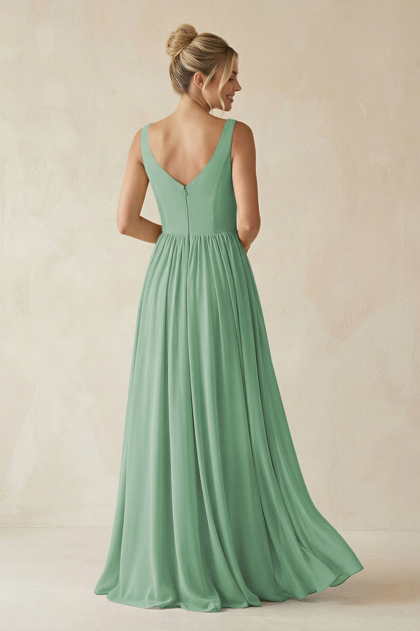 V - Neck Chiffon A - Line Long Bridesmaid Dress in Sea Glass - KissProm Bridesmaid Dresses