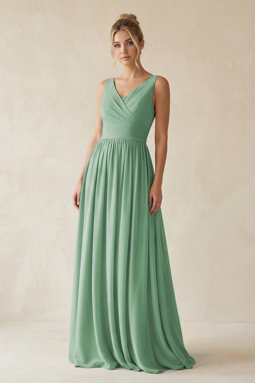V - Neck Chiffon A - Line Long Bridesmaid Dress in Sea Glass - KissProm Bridesmaid Dresses