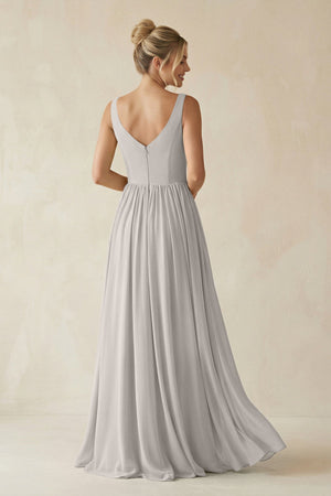 V - Neck Chiffon A - Line Long Bridesmaid Dress in Silver - KissProm Bridesmaid Dresses