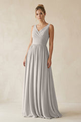 V - Neck Chiffon A - Line Long Bridesmaid Dress in Silver - KissProm Bridesmaid Dresses