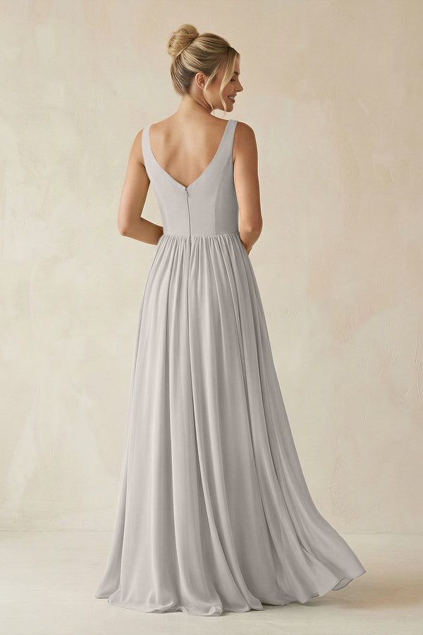 V - Neck Chiffon A - Line Long Bridesmaid Dress in Silver - KissProm Bridesmaid Dresses