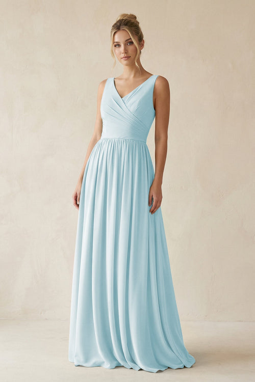 V - Neck Chiffon A - Line Long Bridesmaid Dress in Sky Blue - KissProm Bridesmaid Dresses