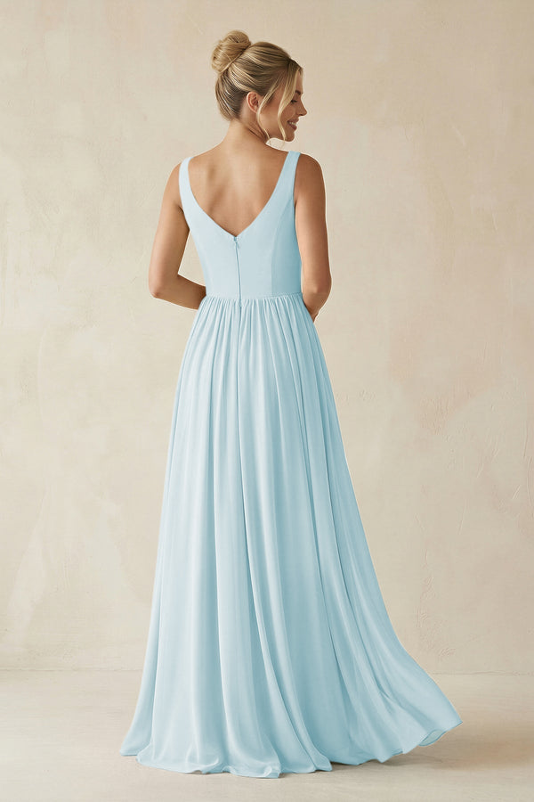V - Neck Chiffon A - Line Long Bridesmaid Dress in Sky Blue - KissProm Bridesmaid Dresses