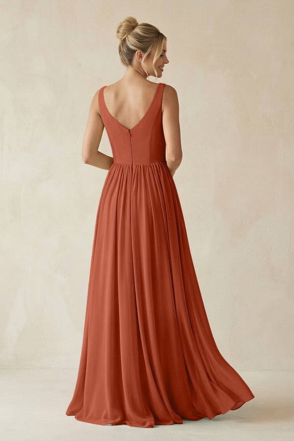 V - Neck Chiffon A - Line Long Bridesmaid Dress in Spice - KissProm Bridesmaid Dresses