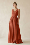 V - Neck Chiffon A - Line Long Bridesmaid Dress in Spice - KissProm Bridesmaid Dresses
