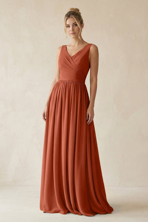 V - Neck Chiffon A - Line Long Bridesmaid Dress in Spice - KissProm Bridesmaid Dresses
