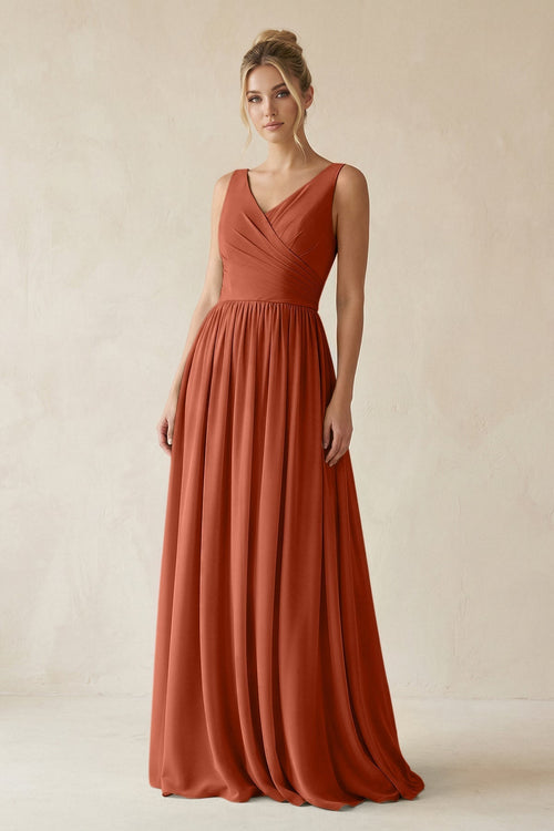 V - Neck Chiffon A - Line Long Bridesmaid Dress in Spice - KissProm Bridesmaid Dresses