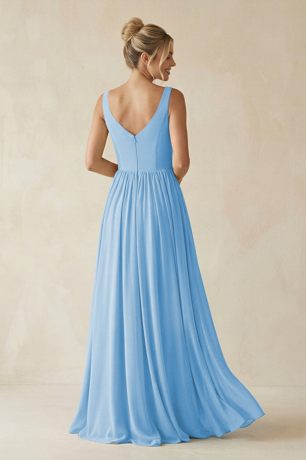 V - Neck Chiffon A - Line Long Bridesmaid Dress in Steel Blue - KissProm Bridesmaid Dresses
