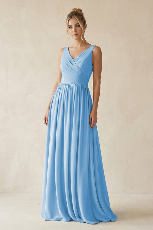 V - Neck Chiffon A - Line Long Bridesmaid Dress in Steel Blue - KissProm Bridesmaid Dresses