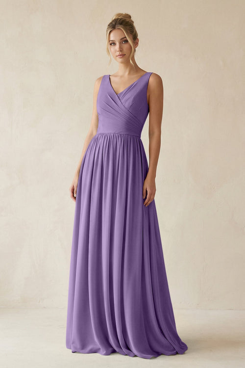 V - Neck Chiffon A - Line Long Bridesmaid Dress in Tahiti - KissProm Bridesmaid Dresses