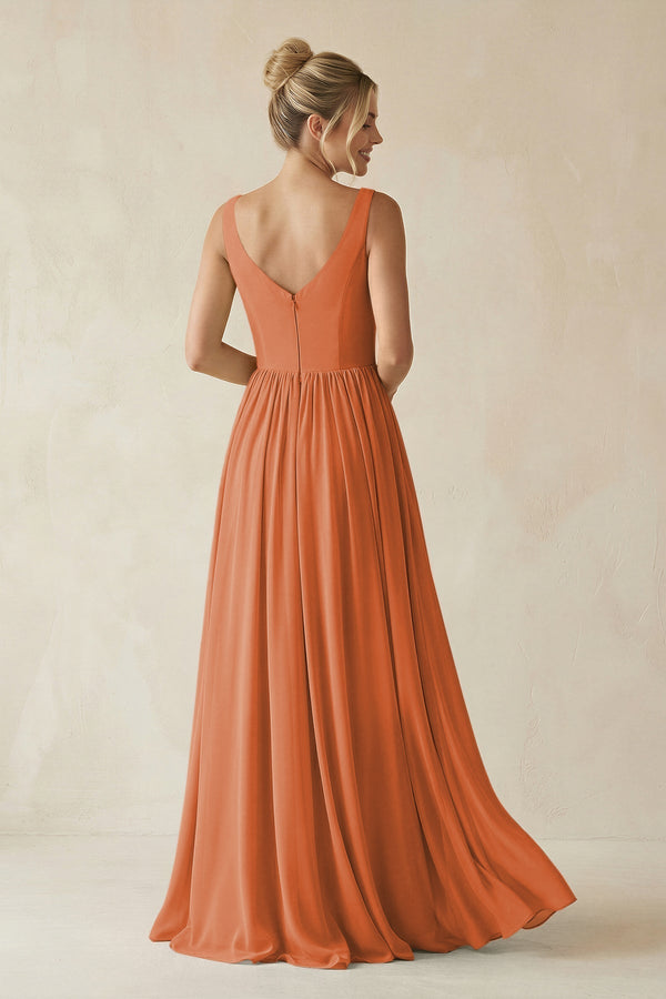 V - Neck Chiffon A - Line Long Bridesmaid Dress in Terracotta - KissProm Bridesmaid Dresses