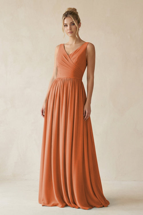 V - Neck Chiffon A - Line Long Bridesmaid Dress in Terracotta - KissProm Bridesmaid Dresses