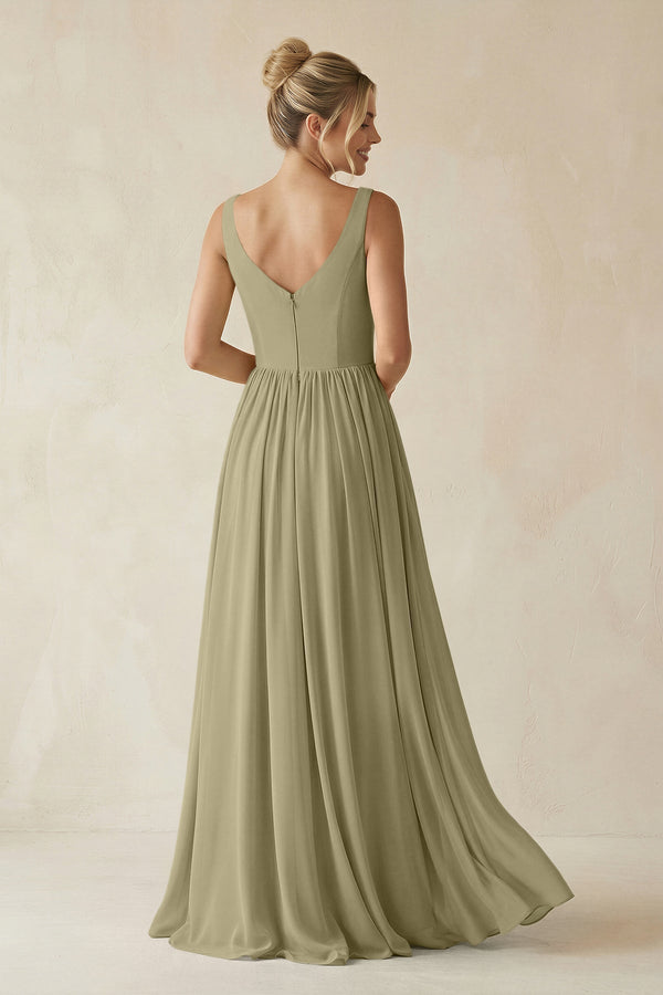 V - Neck Chiffon A - Line Long Bridesmaid Dress in Thyme - KissProm Bridesmaid Dresses