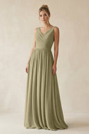 V - Neck Chiffon A - Line Long Bridesmaid Dress in Thyme - KissProm Bridesmaid Dresses