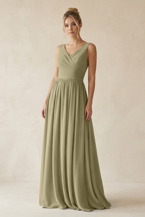 V - Neck Chiffon A - Line Long Bridesmaid Dress in Thyme - KissProm Bridesmaid Dresses