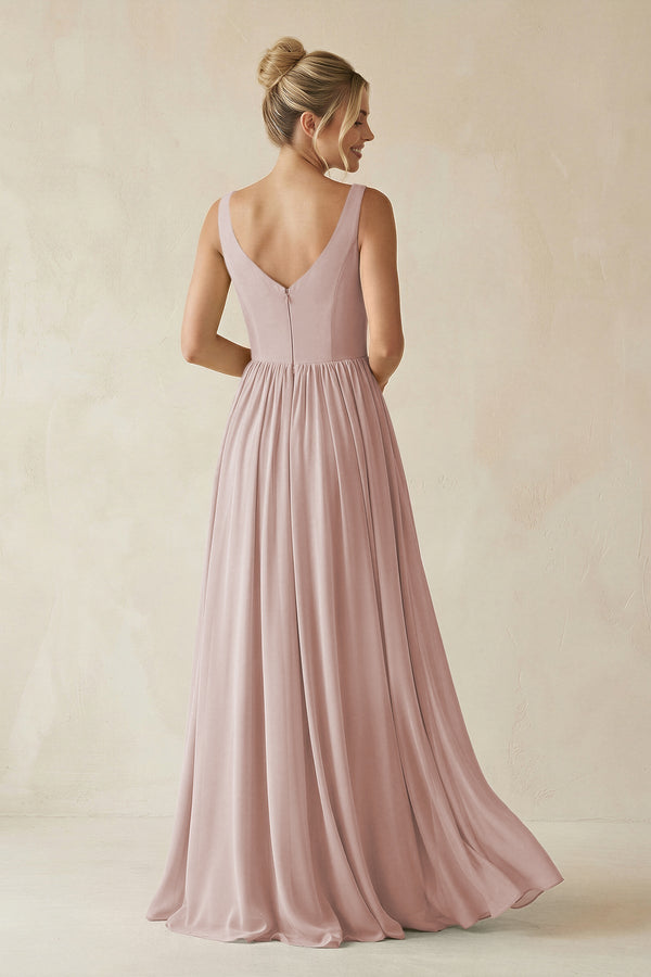 V - Neck Chiffon A - Line Long Bridesmaid Dress in Toffee - KissProm Bridesmaid Dresses
