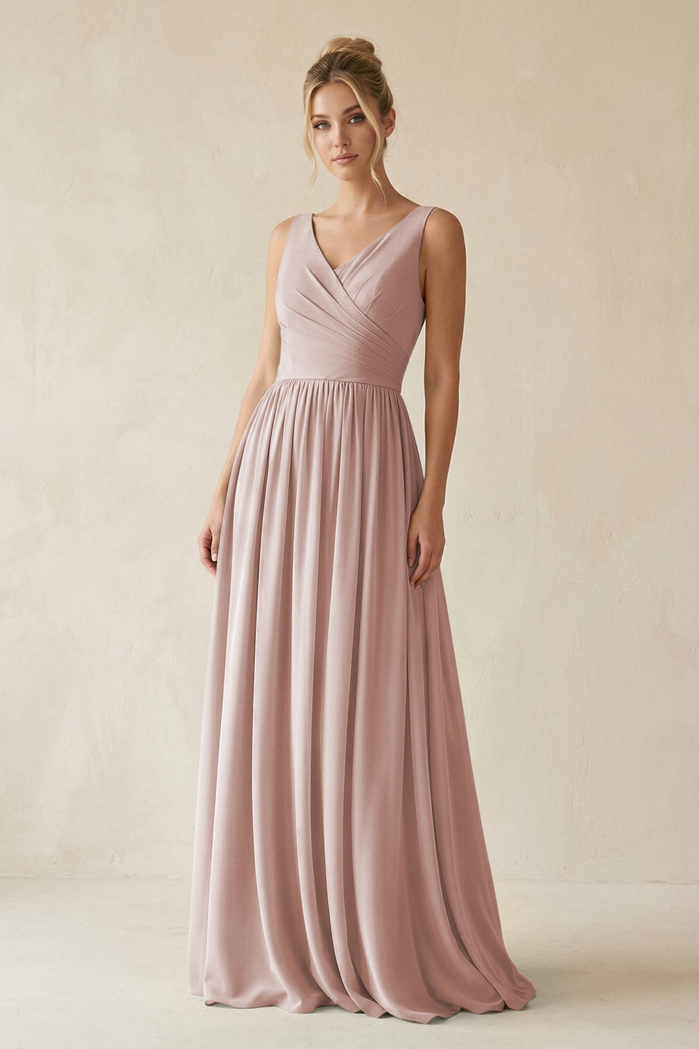 V - Neck Chiffon A - Line Long Bridesmaid Dress in Toffee - KissProm Bridesmaid Dresses