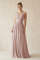 V - Neck Chiffon A - Line Long Bridesmaid Dress in Toffee - KissProm Bridesmaid Dresses