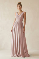 V - Neck Chiffon A - Line Long Bridesmaid Dress in Toffee - KissProm Bridesmaid Dresses