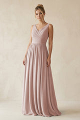 V - Neck Chiffon A - Line Long Bridesmaid Dress in Toffee - KissProm Bridesmaid Dresses