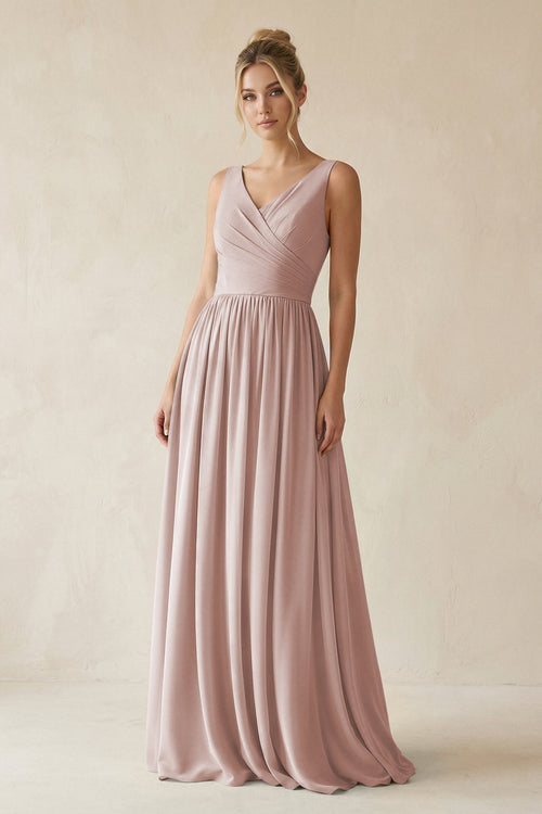 V - Neck Chiffon A - Line Long Bridesmaid Dress in Toffee - KissProm Bridesmaid Dresses