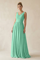 V - Neck Chiffon A - Line Long Bridesmaid Dress in Turquoise - KissProm Bridesmaid Dresses