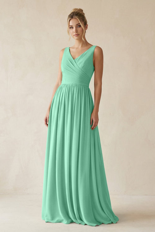 V - Neck Chiffon A - Line Long Bridesmaid Dress in Turquoise - KissProm Bridesmaid Dresses