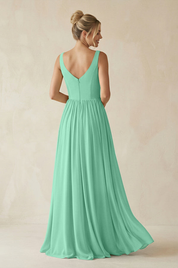 V - Neck Chiffon A - Line Long Bridesmaid Dress in Turquoise - KissProm Bridesmaid Dresses