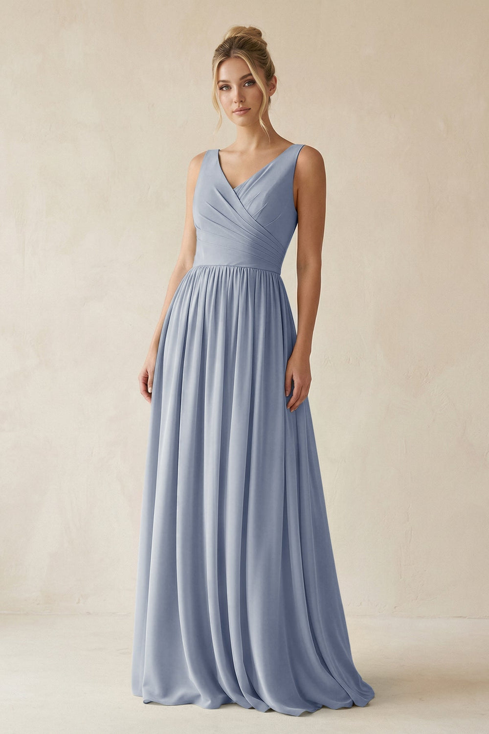 V - Neck Chiffon A - Line Long Bridesmaid Dress in Twilight - KissProm Bridesmaid Dresses