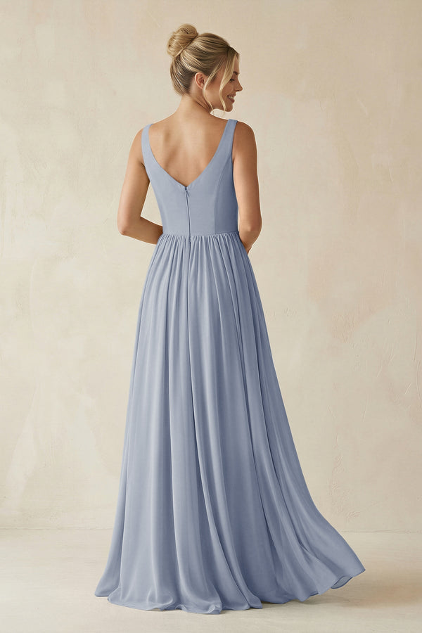 V - Neck Chiffon A - Line Long Bridesmaid Dress in Twilight - KissProm Bridesmaid Dresses