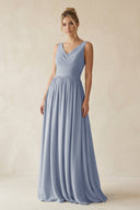 V - Neck Chiffon A - Line Long Bridesmaid Dress in Twilight - KissProm Bridesmaid Dresses