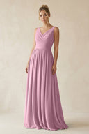 V - Neck Chiffon A - Line Long Bridesmaid Dress in Vintage Mauve - KissProm Bridesmaid Dresses