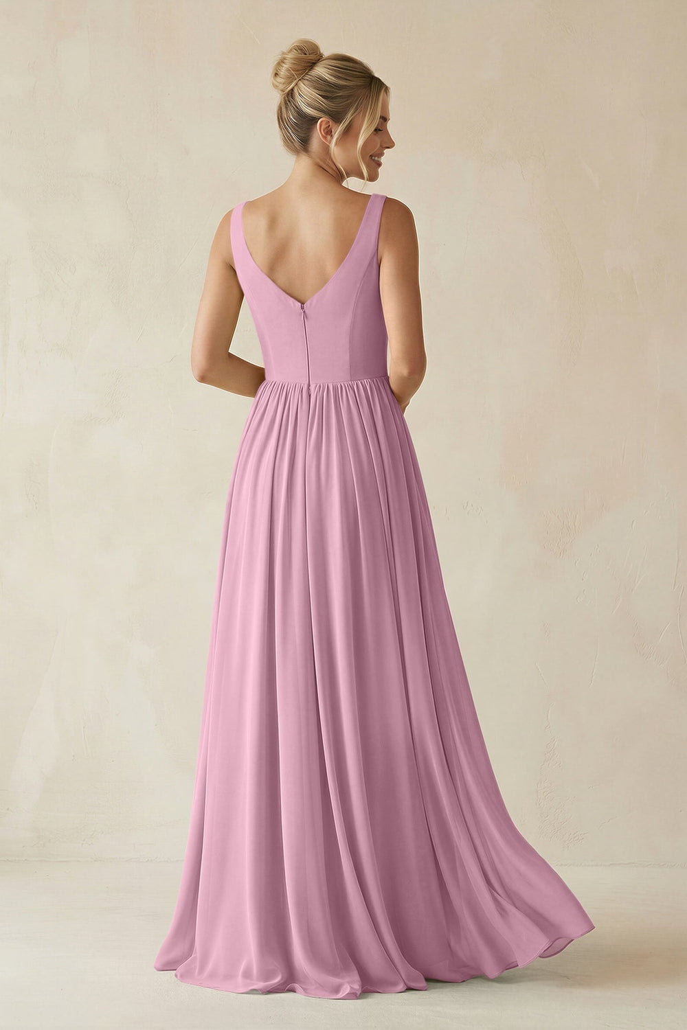 V - Neck Chiffon A - Line Long Bridesmaid Dress in Vintage Mauve - KissProm Bridesmaid Dresses