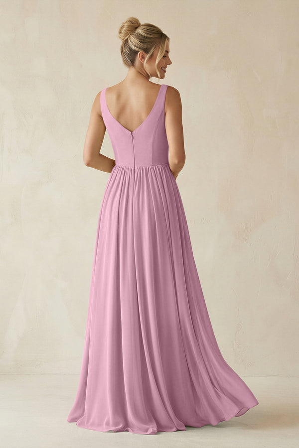 V - Neck Chiffon A - Line Long Bridesmaid Dress in Vintage Mauve - KissProm Bridesmaid Dresses