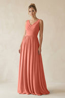 V - Neck Chiffon A - Line Long Bridesmaid Dress in Wild Rose - KissProm Bridesmaid Dresses