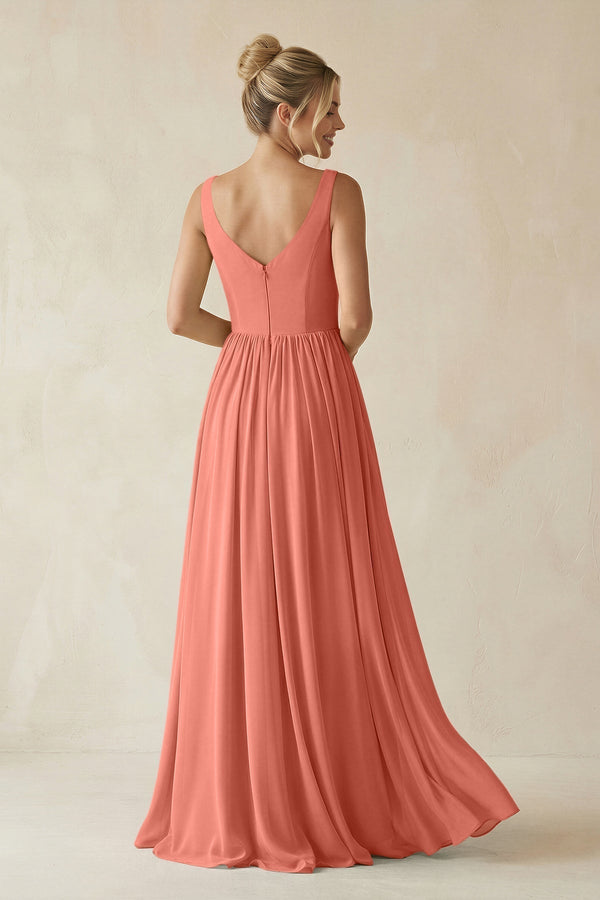 V - Neck Chiffon A - Line Long Bridesmaid Dress in Wild Rose - KissProm Bridesmaid Dresses